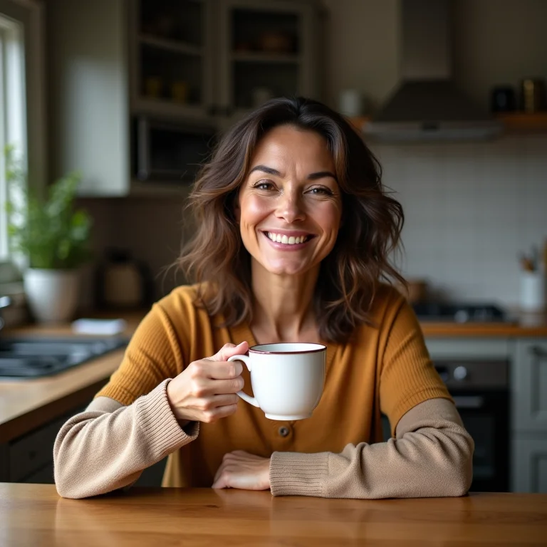 Mulher brasileira adulta relaxando com uma xícara de chá de erva cidreira.
