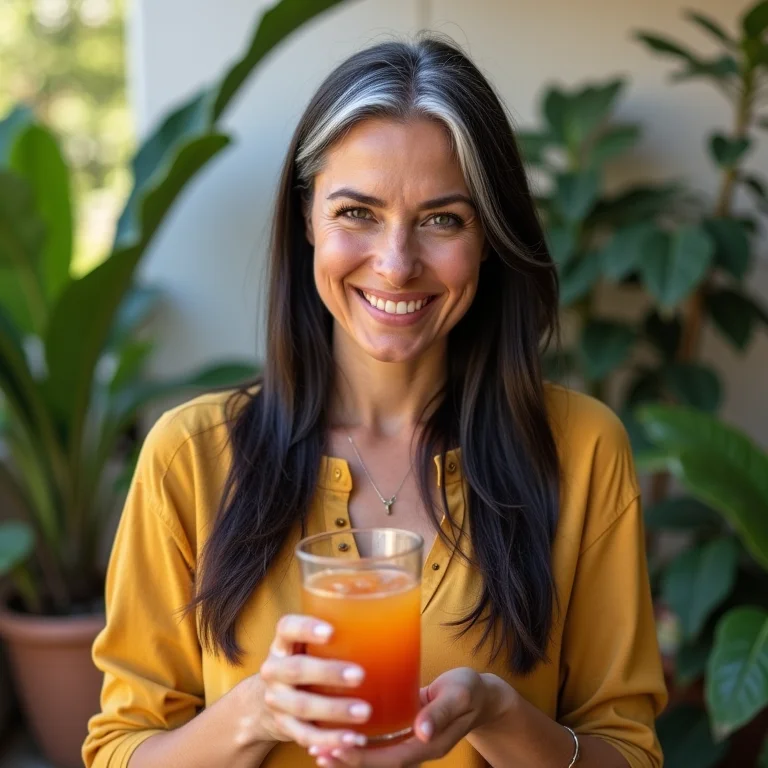 Mulher brasileira apreciando chá gelado com cenoura em jardim