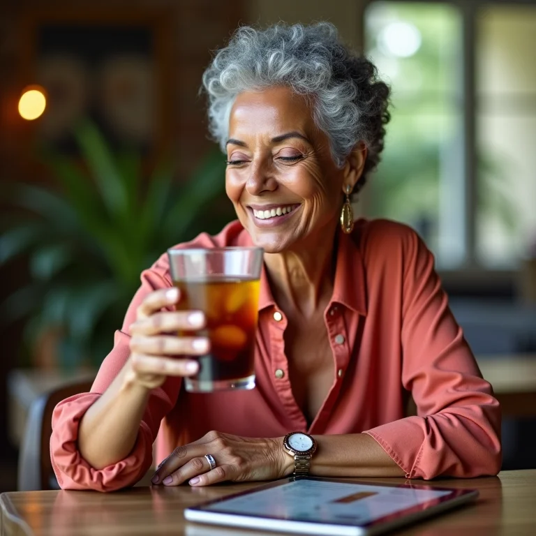 Mulher brasileira apreciando Chá Gelado Godiva com informações nutricionais.