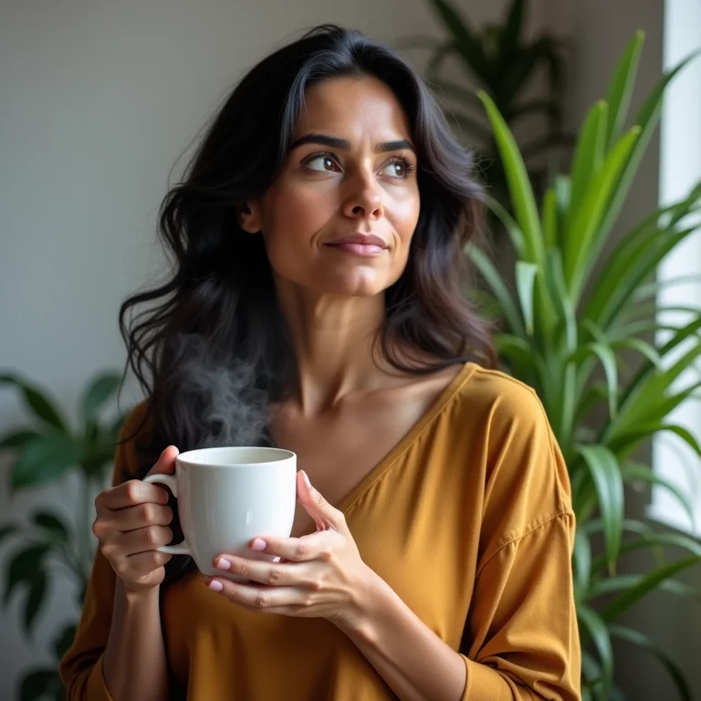 Mulher brasileira aproveitando chá para a saúde intestinal.