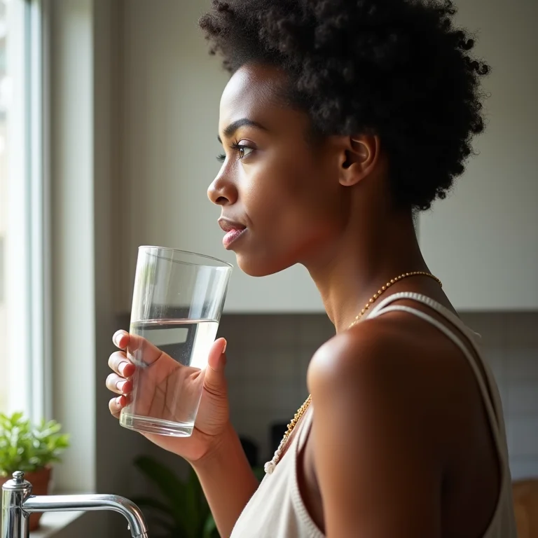 Mulher brasileira bebendo água da torneira com expressão pensativa.