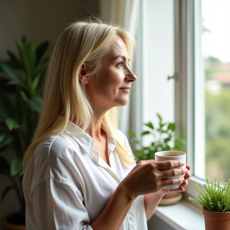 Mulher brasileira bebendo chá de erva doce e ponderando sobre os benefícios.