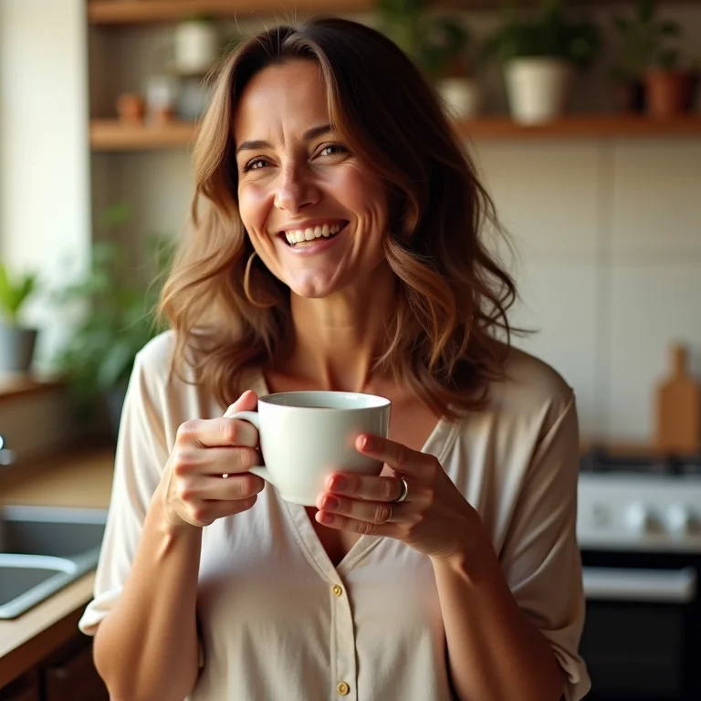 Mulher brasileira bebendo chá de hibisco em uma cozinha ensolarada