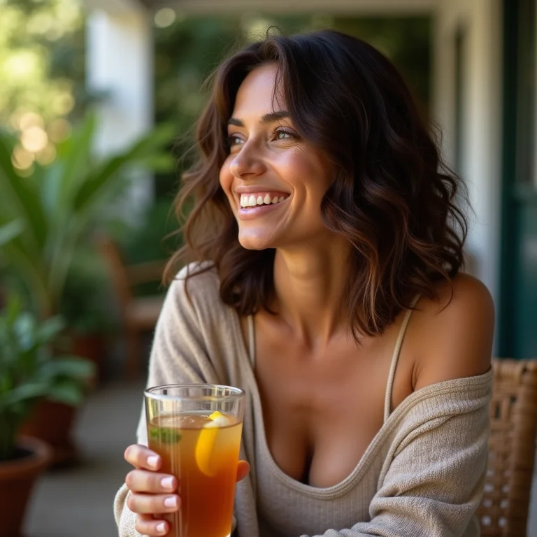 Mulher brasileira bebendo chá gelado com limão em dia ensolarado.