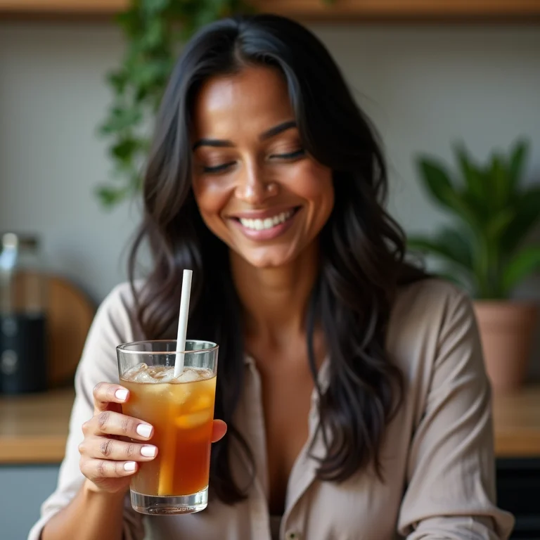 Mulher brasileira bebendo chá gelado em cozinha iluminada