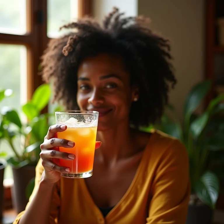 Mulher brasileira bebendo chá gelado perto de uma janela ensolarada, enfatizando a importância da hidratação e bem-estar.