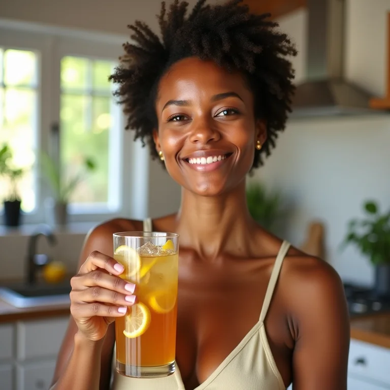 Mulher brasileira bebendo chá gelado.