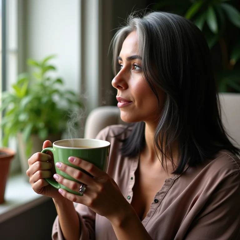 Mulher brasileira bebendo chá verde e olhando para a janela.