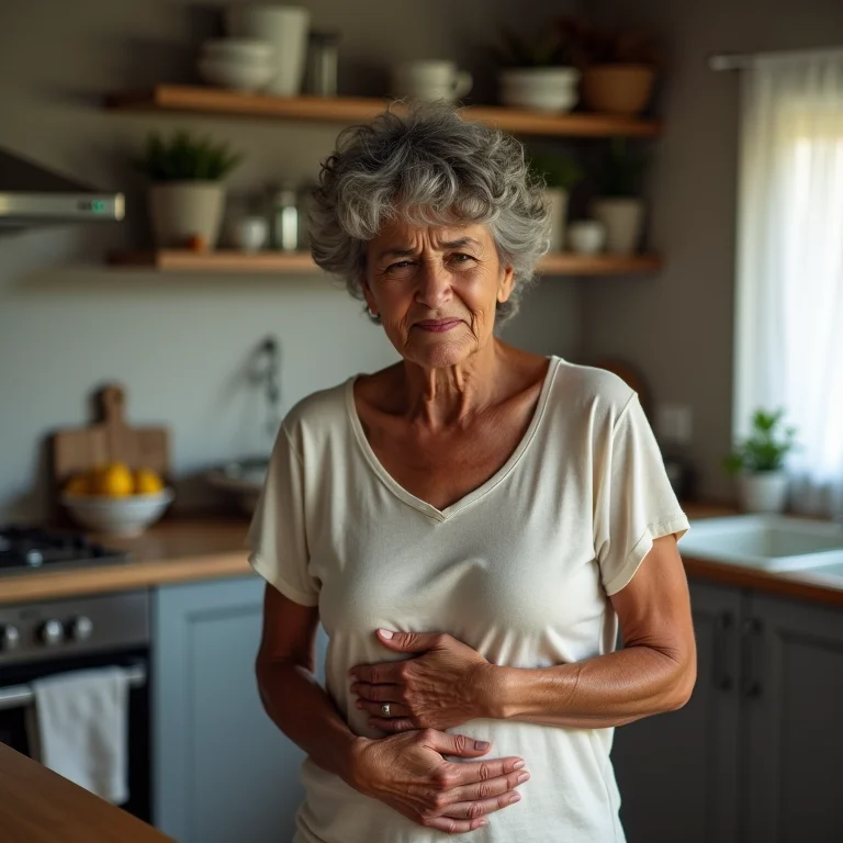 Mulher brasileira com expressão de dor abdominal