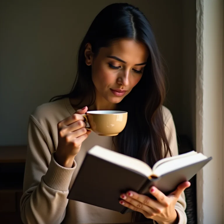 Mulher brasileira concentrada tomando chá de erva mate torrado durante a leitura.