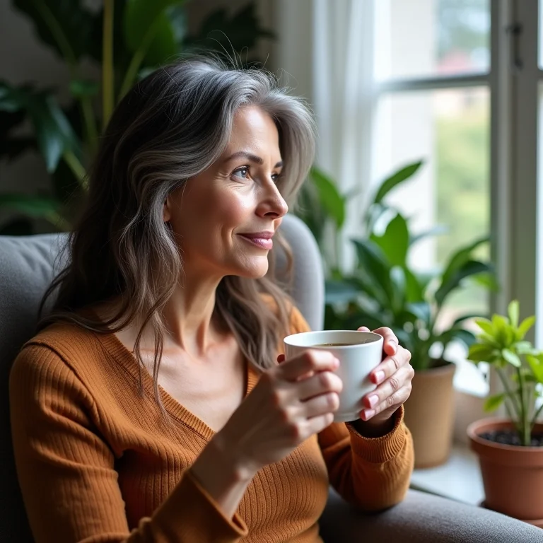 Mulher brasileira de meia-idade, cabelos castanhos ondulados com fios grisalhos, pele clara, segurando uma xícara de chá de ervas, olhando pensativamente pela janela.