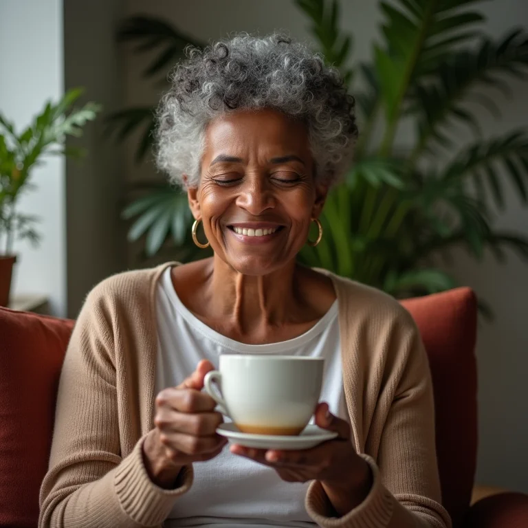 Mulher brasileira desfrutando de uma xícara de chá de abacaxi.
