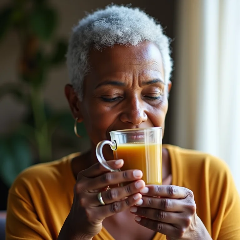 Mulher brasileira examinando as unhas após tomar chá de cavalinha.