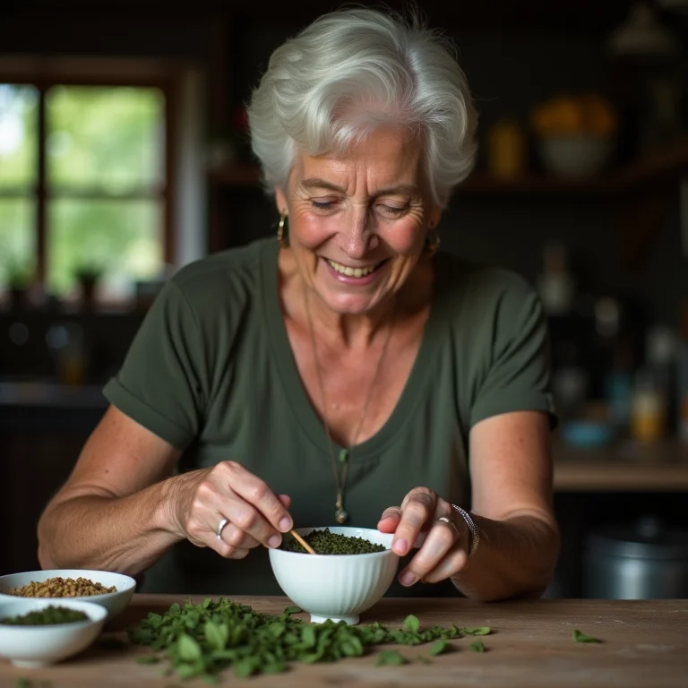 Mulher brasileira experiente escolhendo ingredientes para chá.