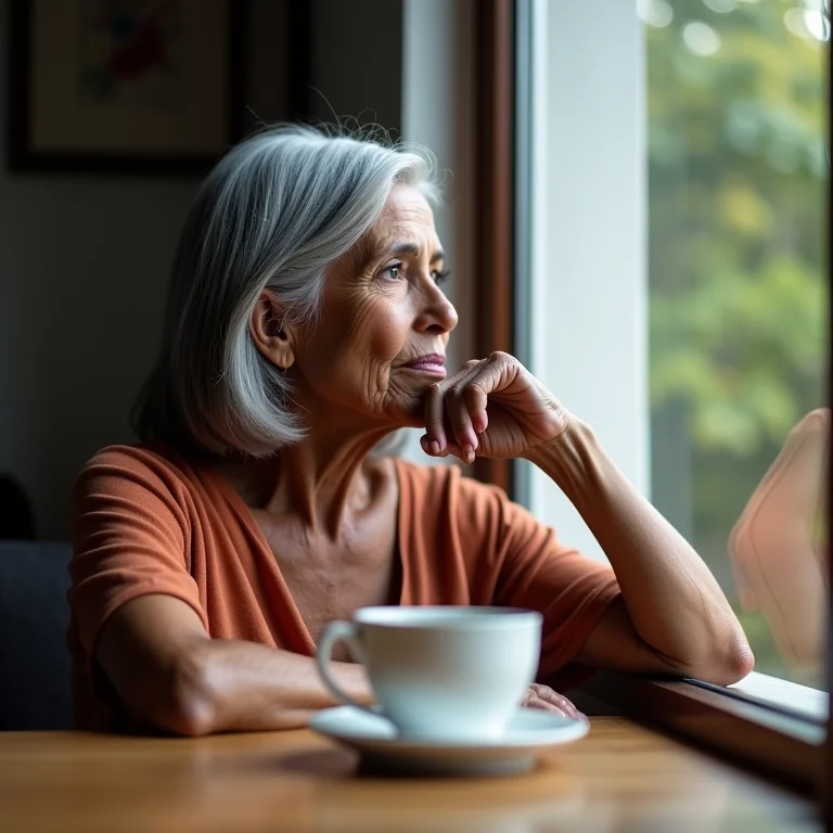 Mulher brasileira idosa ponderando com uma xícara de chá.