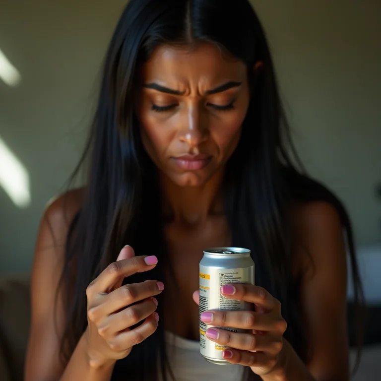 Mulher brasileira lendo rótulo de lata com expressão cética