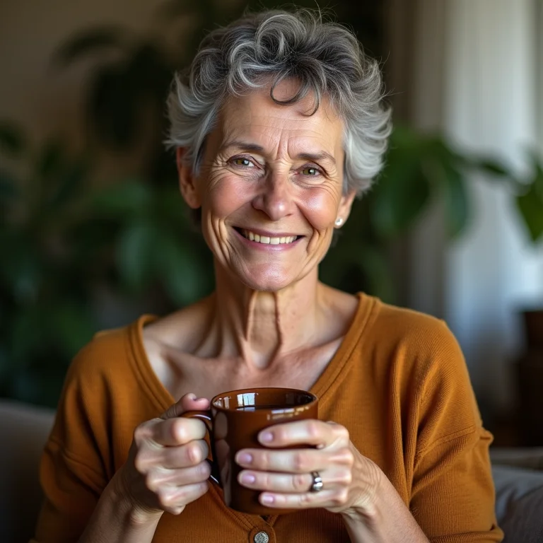 Mulher brasileira madura apreciando chá de erva mate torrado.