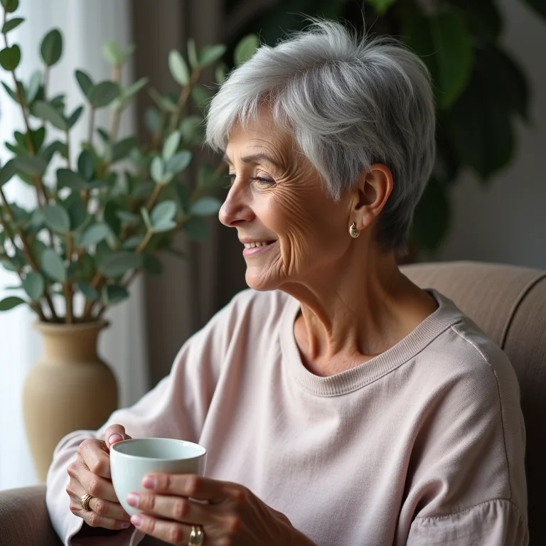 Mulher brasileira madura desfrutando de um momento de bem-estar com chá de eucalipto.