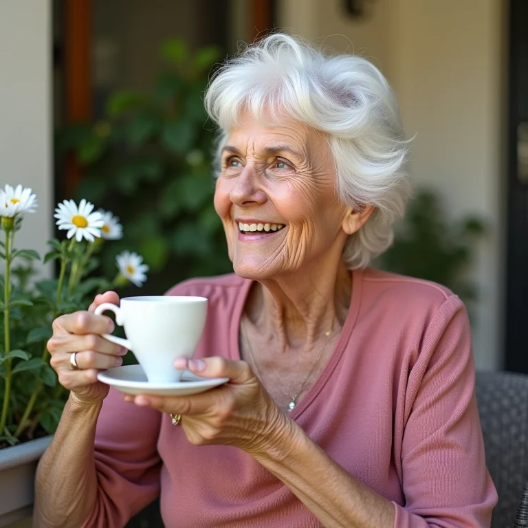 Mulher brasileira madura desfrutando de uma xícara de chá de camomila na varanda, promovendo a melhora da digestão.