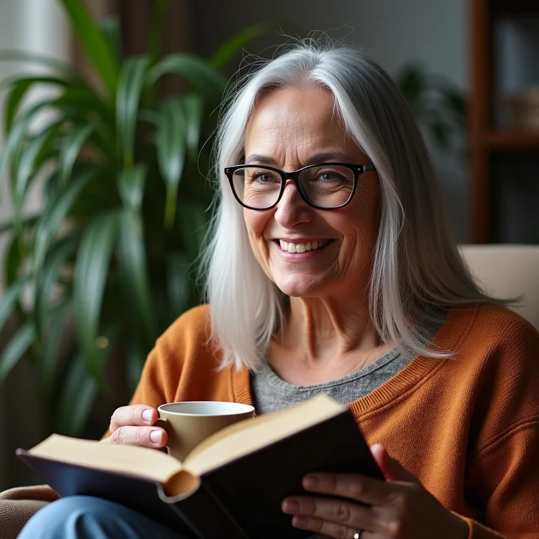 Mulher brasileira madura lendo e tomando chá