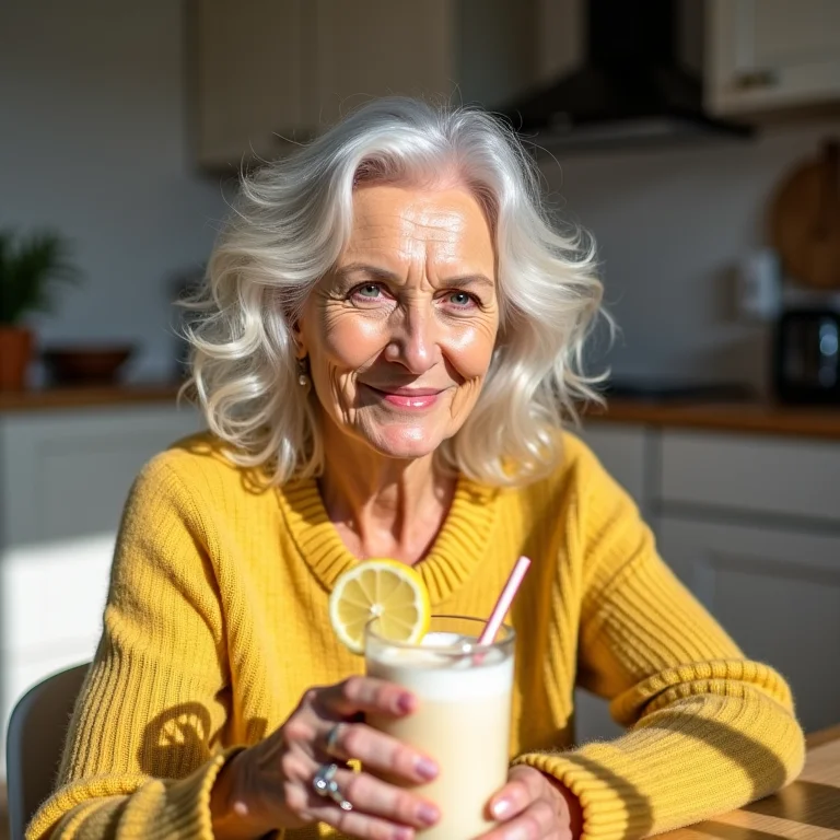 Mulher brasileira madura saboreando milkshake de chá de camomila com limão.