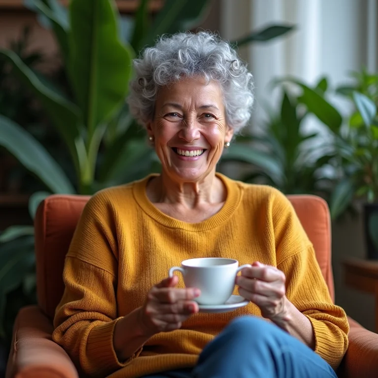 Mulher brasileira madura sorrindo enquanto segura uma xícara de chá.