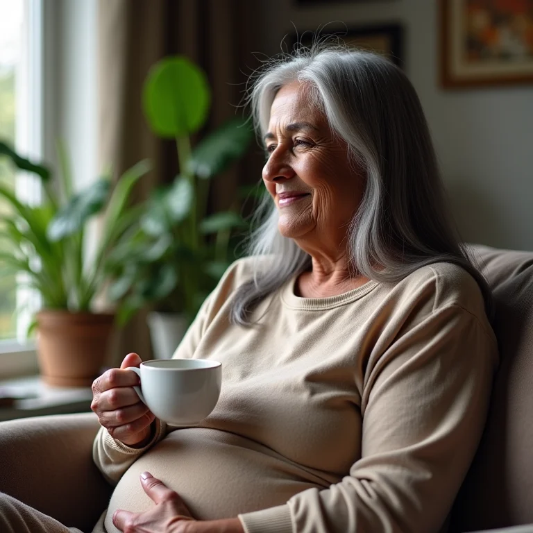 Mulher brasileira mais velha desfrutando de uma xícara de chá para a saúde digestiva.