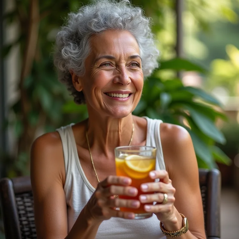 Mulher brasileira mais velha sorrindo com chá gelado.