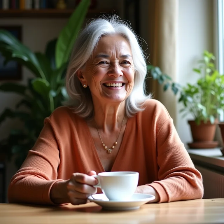 Mulher brasileira mais velha sorrindo enquanto segura uma xícara de chá.