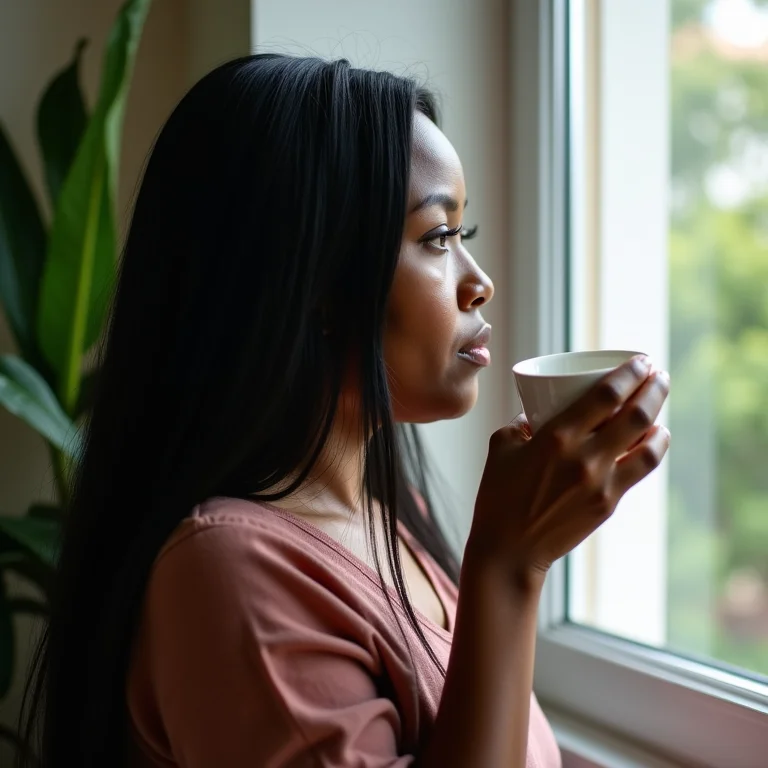 Mulher brasileira pensativa segurando uma xícara de chá de casca de maracujá perto da janela.