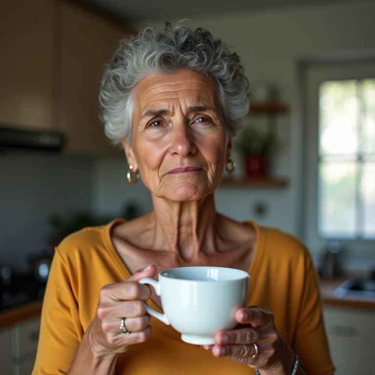 Mulher brasileira preocupada bebendo chá de hibisco.