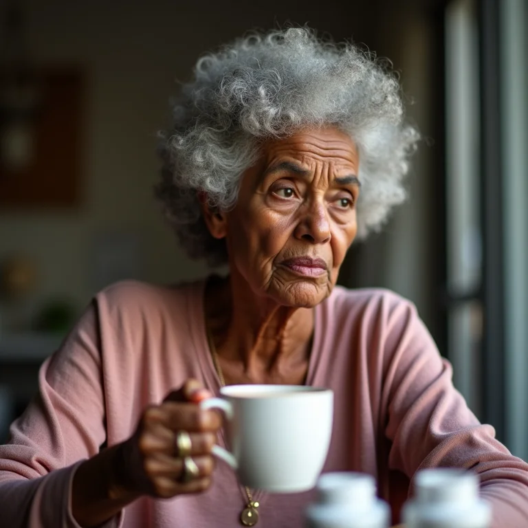 Mulher brasileira preocupada olhando para uma xícara de chá de hibisco.