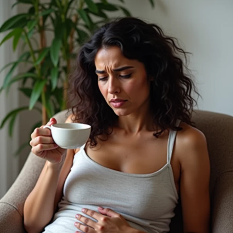 Mulher brasileira preocupada segurando xícara de chá.