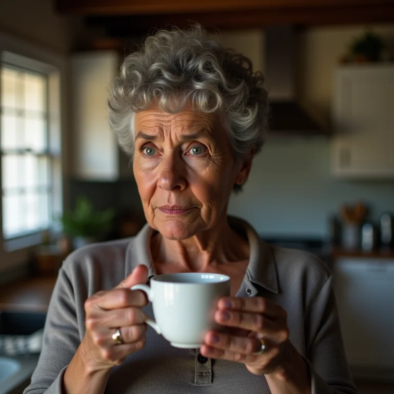 Mulher brasileira preocupada segurando xícara de chá.