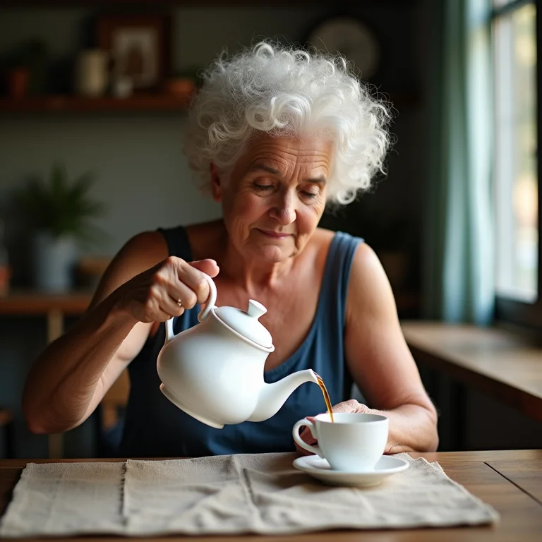 Mulher brasileira preparando chá em um bule.