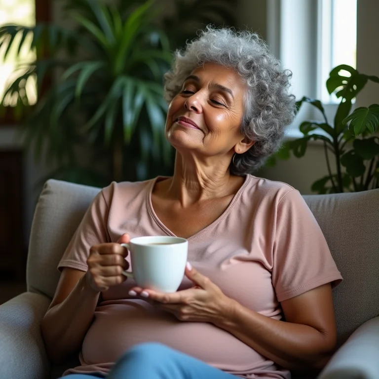 Mulher brasileira relaxando com chá de banana e cravo
