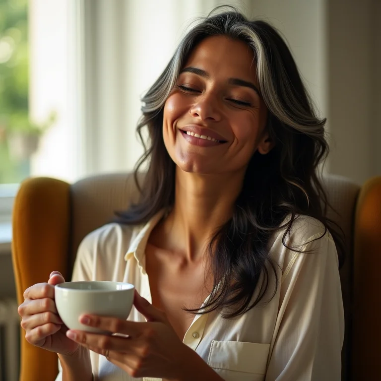 Mulher brasileira relaxando com chá de camomila.