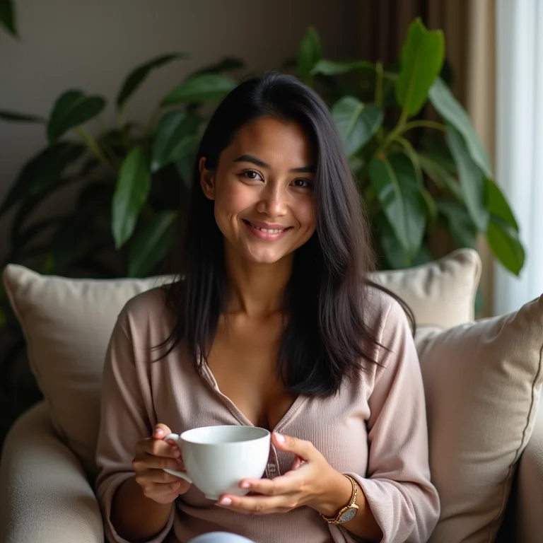Mulher brasileira relaxando com chá de erva cidreira.
