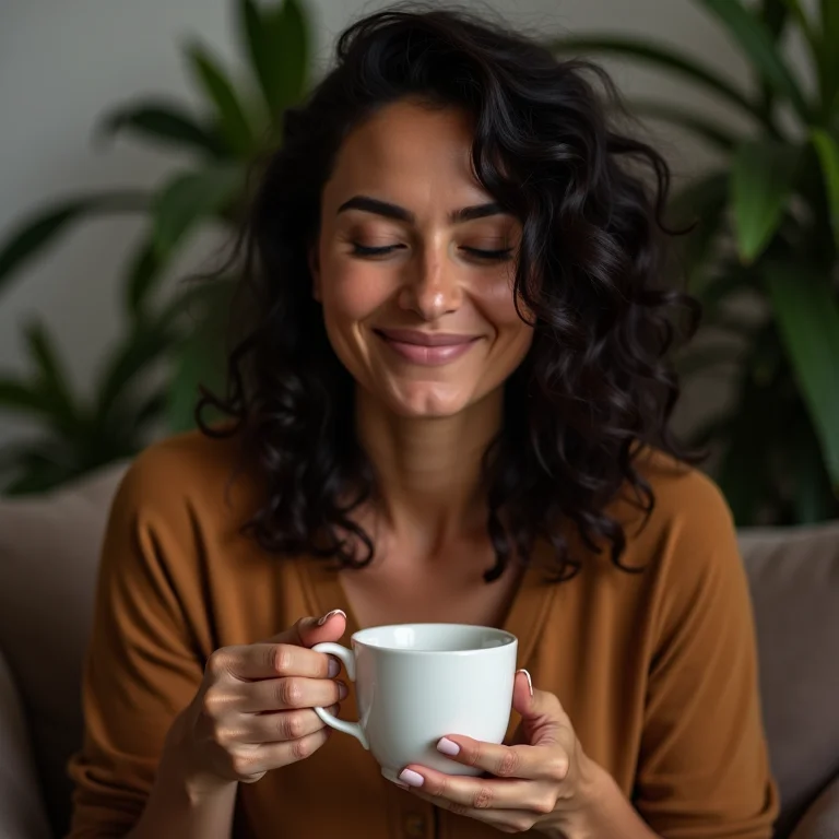 Mulher brasileira relaxando com chá de erva cidreira