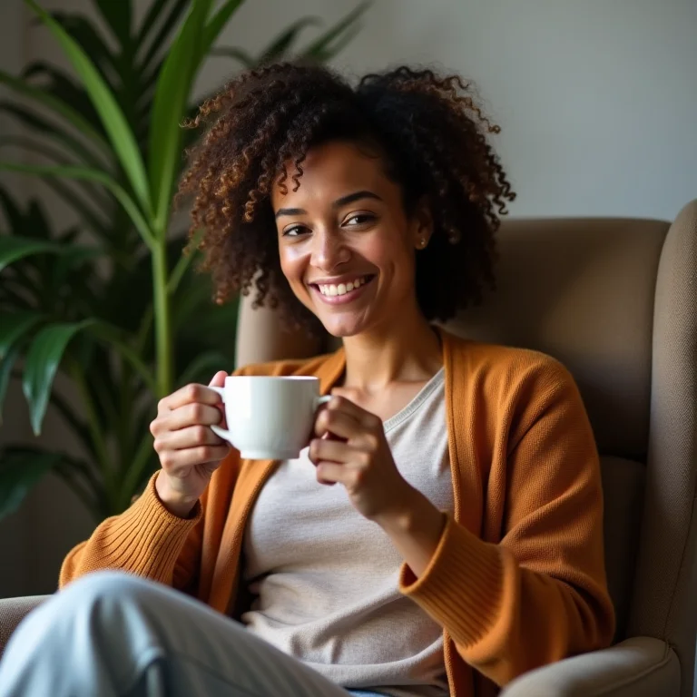 Mulher brasileira relaxando com chá de erva cidreira.