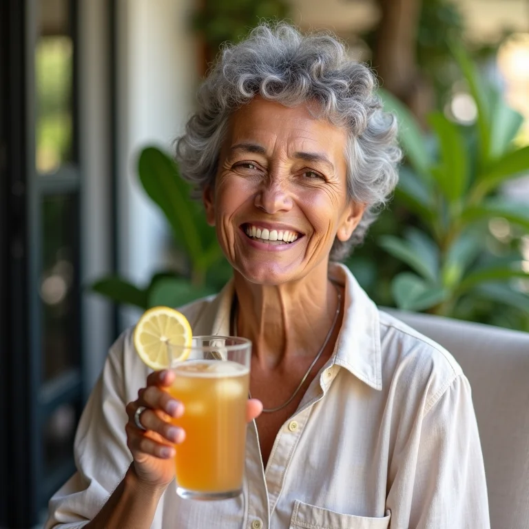 Mulher brasileira relaxando com chá gelado de limão