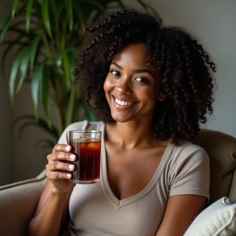 Mulher brasileira relaxando com chá preto gelado