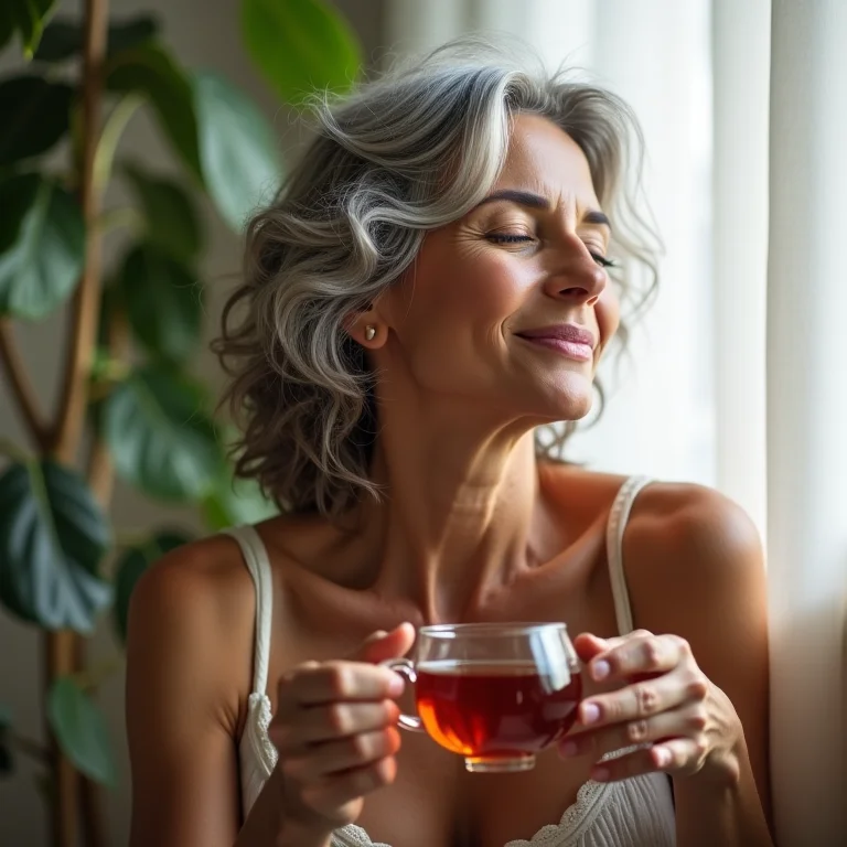 Mulher brasileira relaxando com uma xícara de chá
