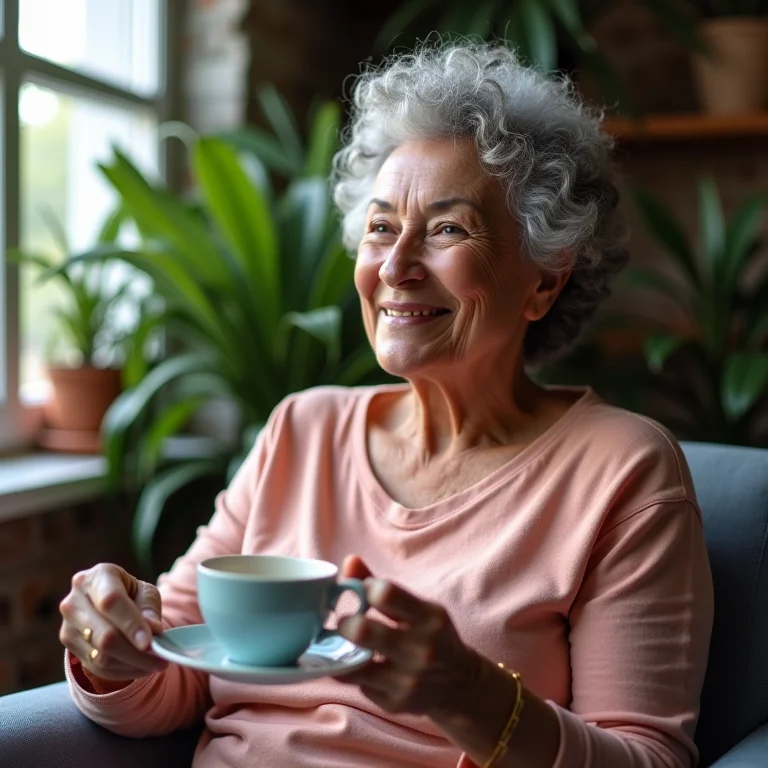 Mulher brasileira relaxando com uma xícara de chá