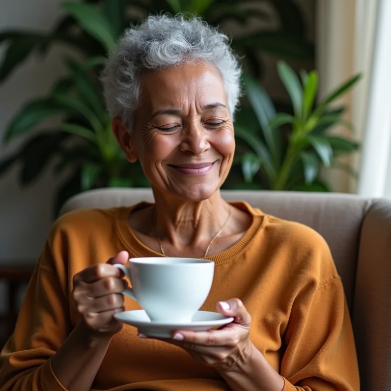 Mulher brasileira relaxando com uma xícara de chá