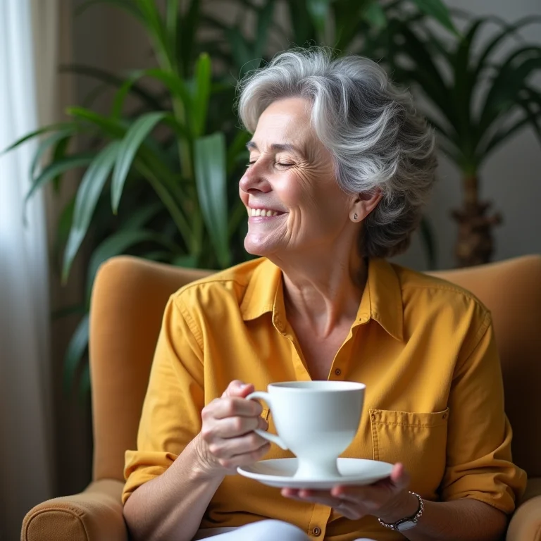 Mulher brasileira relaxando com uma xícara de chá de camomila