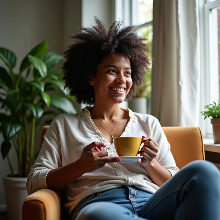 Mulher brasileira relaxando com uma xícara de chá de cavalinha