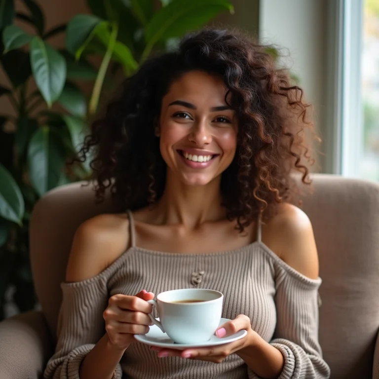 Mulher brasileira relaxando com uma xícara de chá de erva cidreira.