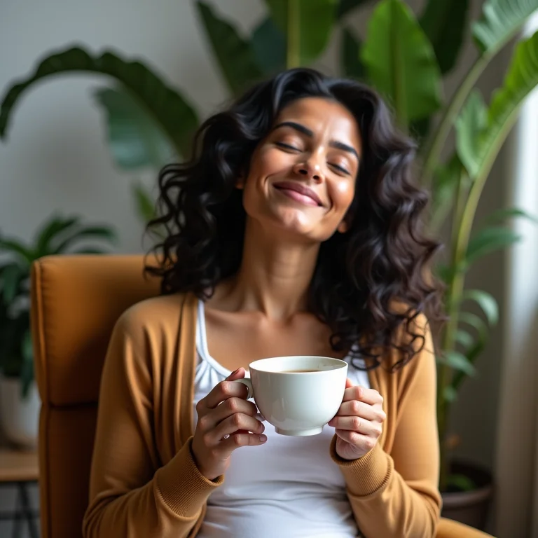 Mulher brasileira relaxando com uma xícara de chá de erva cidreira para aliviar o estresse.