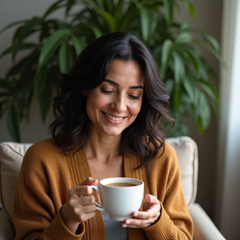Mulher brasileira relaxando com uma xícara de chá de erva cidreira.